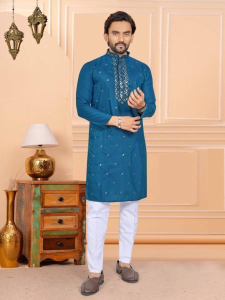 Traditional Indian Blue Kurta for Men with Chikankari Design Kurta Pajama Wholesale