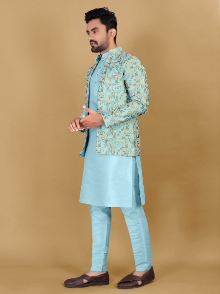 Traditional Indian Wear Long  Pure Bangalori Silk  Kurta  With Koti  Kurta Pajama Wholesale