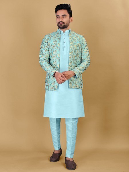 Traditional Indian Wear Long  Pure Bangalori Silk  Kurta  With Koti  Kurta Pajama Wholesale