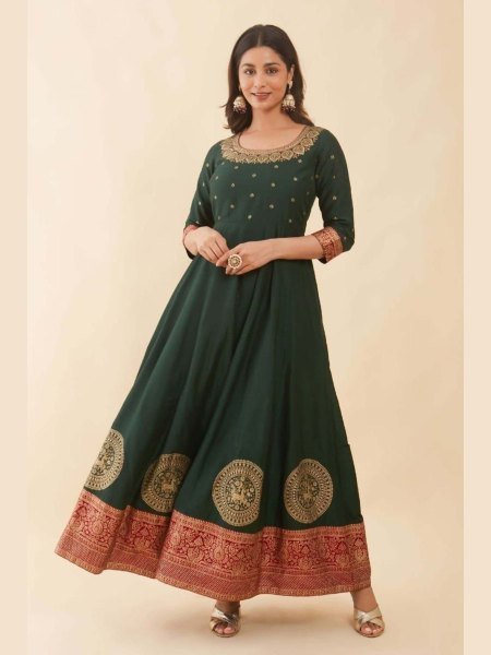 Traditional Joy Silk Embroidered Foil Print Gown Perfect for Garba Nights 