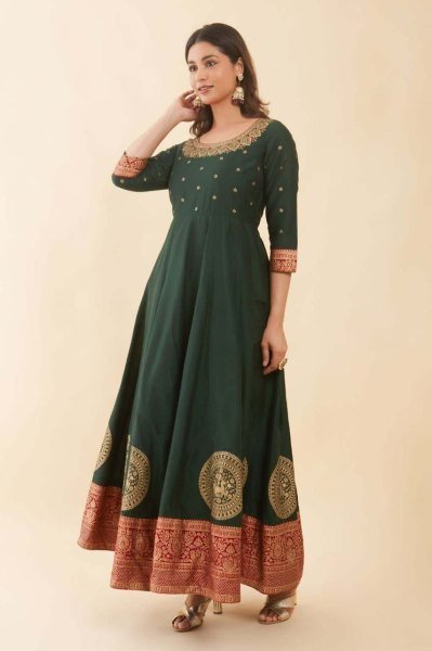 Traditional Joy Silk Embroidered Foil Print Gown Perfect for Garba Nights Printed Kurtis