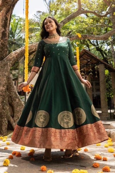 Traditional Joy Silk Embroidered Foil Print Gown Perfect for Garba Nights Printed Kurtis