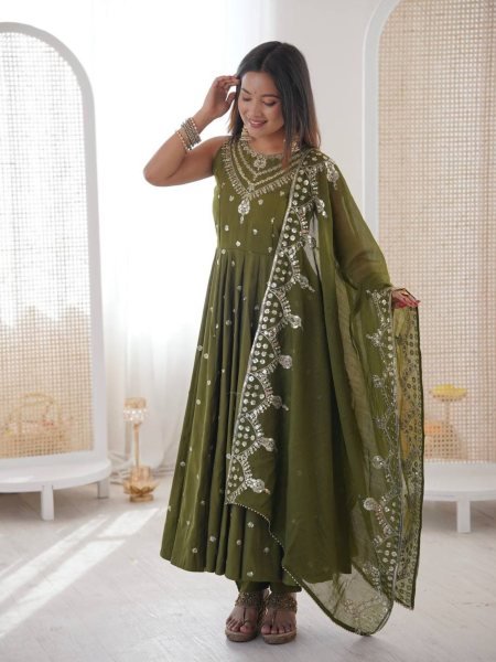 Traditional Long Anarkali Set in Roman Silk with Embroidery Sequence Work and Chanderi Dupatta 