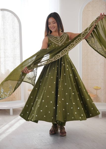 Traditional Long Anarkali Set in Roman Silk with Embroidery Sequence Work and Chanderi Dupatta Ready To Wear Collection