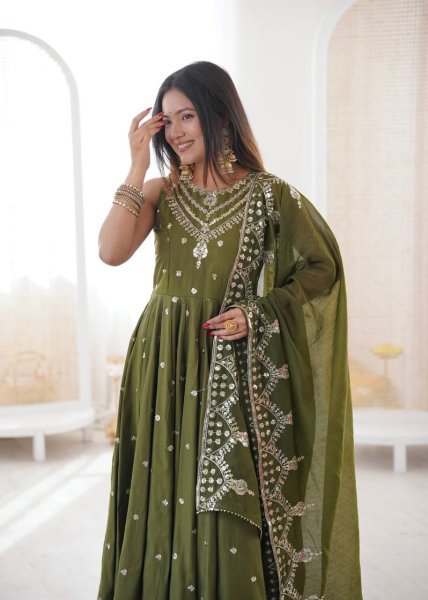 Traditional Long Anarkali Set in Roman Silk with Embroidery Sequence Work and Chanderi Dupatta Ready To Wear Collection