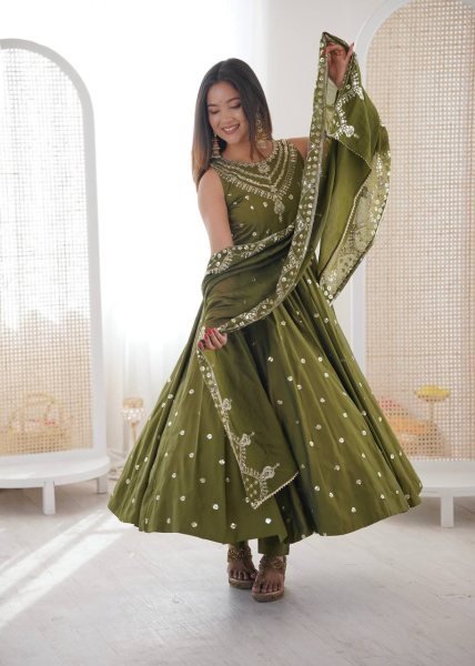 Traditional Long Anarkali Set in Roman Silk with Embroidery Sequence Work and Chanderi Dupatta Ready To Wear Collection
