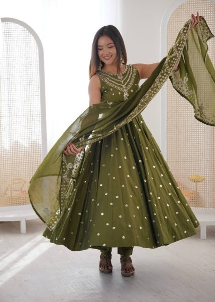 Traditional Long Anarkali Set in Roman Silk with Embroidery Sequence Work and Chanderi Dupatta Ready To Wear Collection