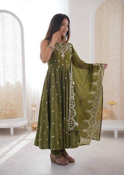 Traditional Long Anarkali Set in Roman Silk with Embroidery Sequence Work and Chanderi Dupatta Ready To Wear Collection