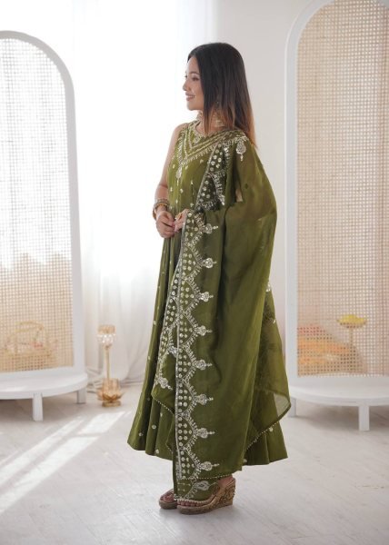 Traditional Long Anarkali Set in Roman Silk with Embroidery Sequence Work and Chanderi Dupatta Ready To Wear Collection