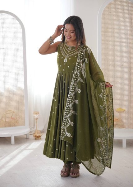 Traditional Long Anarkali Set in Roman Silk with Embroidery Sequence Work and Chanderi Dupatta Ready To Wear Collection