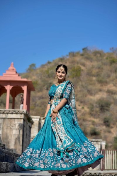 Traditional Manipuri Silk Lehenga Choli with Digital Print & Latkan Dupatta Half Saree Lehenga