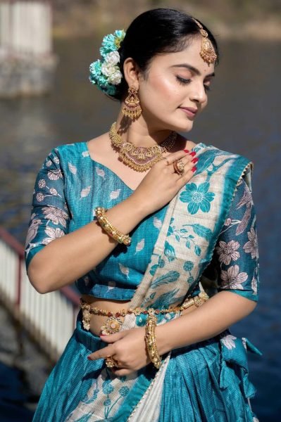Traditional Manipuri Silk Lehenga Choli with Digital Print & Latkan Dupatta Half Saree Lehenga