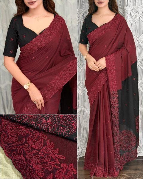 Traditional Maroon Mul Cotton Saree with Cutwork Border and Jacquard Weaving Cotton Sarees Wholesale
