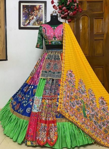 Traditional Multicolour Mirror Work Navratri Lehenga Choli Set Navratri Lehnega Choli