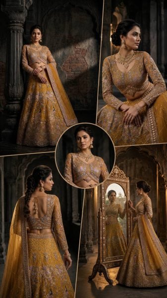 Traditional Mustard Yellow Bridal Lehenga Set with Intricate Peacock Motifs Bridal Lehenga Choli