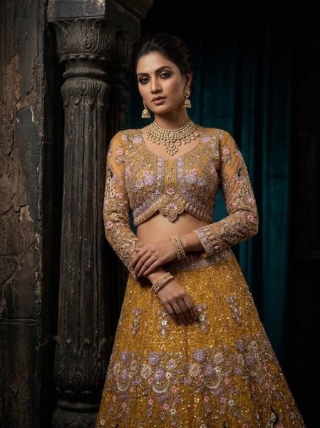 Traditional Mustard Yellow Bridal Lehenga Set with Intricate Peacock Motifs Bridal Lehenga Choli