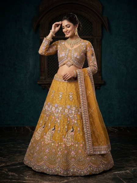 Traditional Mustard Yellow Bridal Lehenga Set with Intricate Peacock Motifs Bridal Lehenga Choli