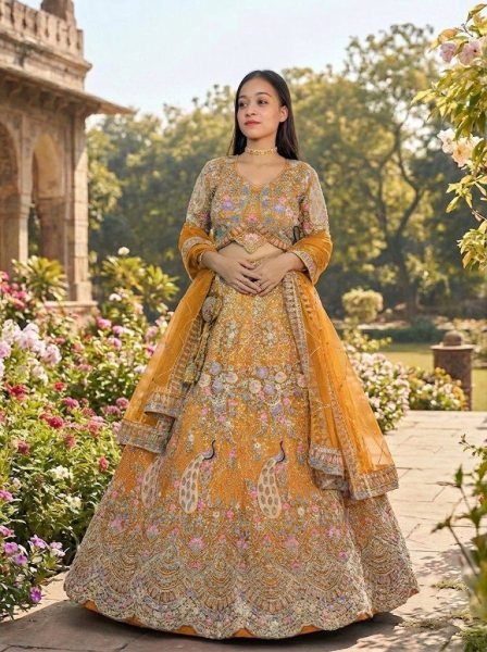 Traditional Mustard Yellow Bridal Lehenga Set with Intricate Peacock Motifs Bridal Lehenga Choli