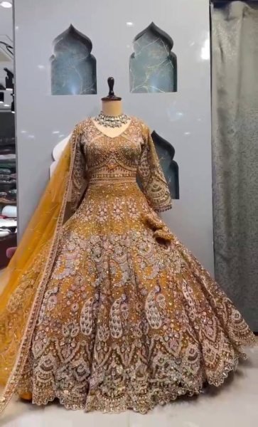 Traditional Mustard Yellow Bridal Lehenga Set with Intricate Peacock Motifs Bridal Lehenga Choli