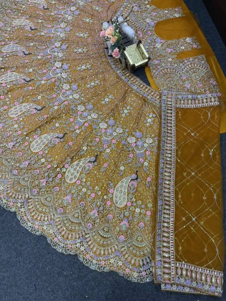 Traditional Mustard Yellow Bridal Lehenga Set with Intricate Peacock Motifs Bridal Lehenga Choli