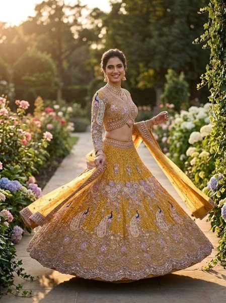 Traditional Mustard Yellow Bridal Lehenga Set with Intricate Peacock Motifs Bridal Lehenga Choli