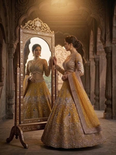 Traditional Mustard Yellow Bridal Lehenga Set with Intricate Peacock Motifs Bridal Lehenga Choli