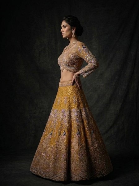 Traditional Mustard Yellow Bridal Lehenga Set with Intricate Peacock Motifs Bridal Lehenga Choli