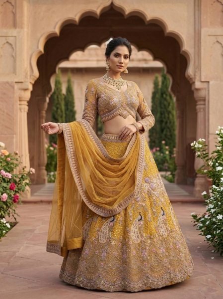 Traditional Mustard Yellow Bridal Lehenga Set with Intricate Peacock Motifs Bridal Lehenga Choli