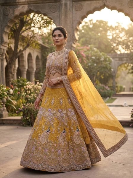 Traditional Mustard Yellow Bridal Lehenga Set with Intricate Peacock Motifs Bridal Lehenga Choli