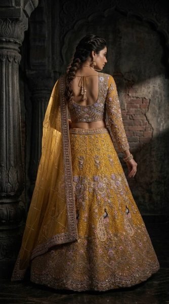 Traditional Mustard Yellow Bridal Lehenga Set with Intricate Peacock Motifs Bridal Lehenga Choli
