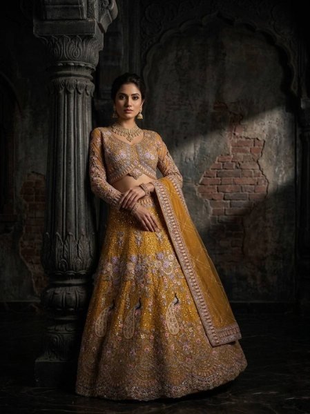 Traditional Mustard Yellow Bridal Lehenga Set with Intricate Peacock Motifs Bridal Lehenga Choli