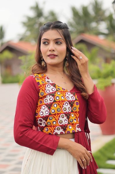 Traditional Navratri Cotton Lehenga Choli with Flared Ghera and Mirror Blouse Navratri Lehnega Choli