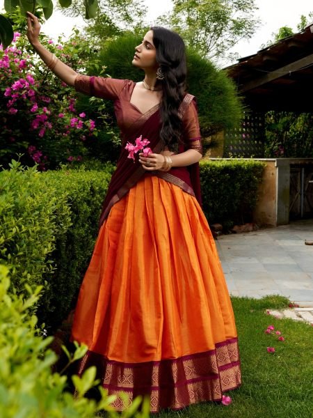 Traditional Orange Brown Kanchipuram Lehenga Choli with Rich Zari Work 