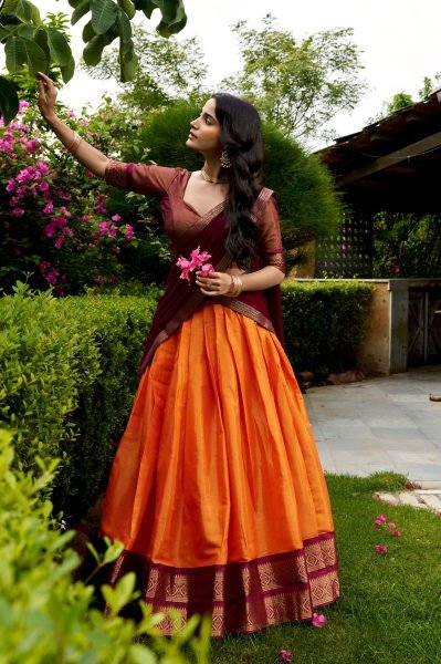 Traditional Orange Brown Kanchipuram Lehenga Choli with Rich Zari Work Half Saree Lehenga
