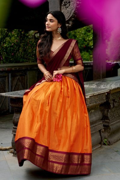 Traditional Orange Brown Kanchipuram Lehenga Choli with Rich Zari Work Half Saree Lehenga