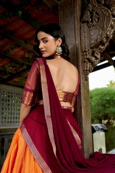 Traditional Orange Brown Kanchipuram Lehenga Choli with Rich Zari Work Half Saree Lehenga