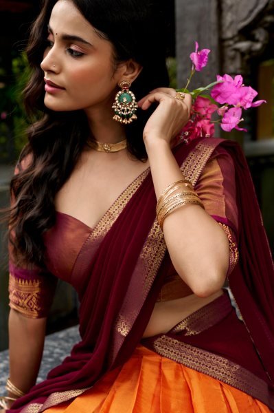 Traditional Orange Brown Kanchipuram Lehenga Choli with Rich Zari Work Half Saree Lehenga