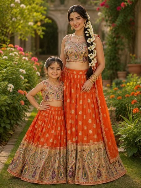  Traditional Orange Silk Lehenga Set with Intricate Zari Work for Mother and Daughter Kurtis