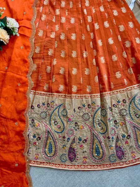  Traditional Orange Silk Lehenga Set with Intricate Zari Work for Mother and Daughter Mom-Doughter Collection