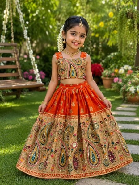  Traditional Orange Silk Lehenga Set with Intricate Zari Work for Mother and Daughter Mom-Doughter Collection