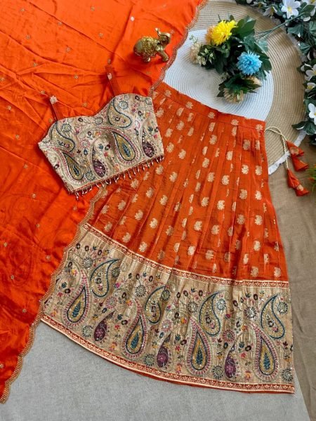  Traditional Orange Silk Lehenga Set with Intricate Zari Work for Mother and Daughter Mom-Doughter Collection
