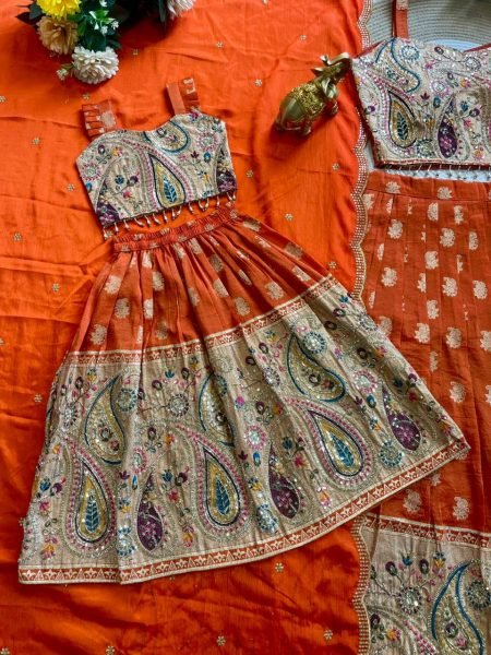  Traditional Orange Silk Lehenga Set with Intricate Zari Work for Mother and Daughter Mom-Doughter Collection