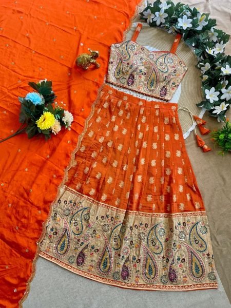  Traditional Orange Silk Lehenga Set with Intricate Zari Work for Mother and Daughter Mom-Doughter Collection