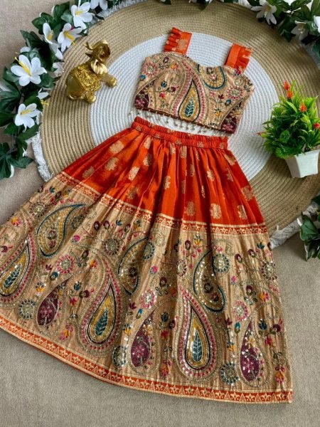  Traditional Orange Silk Lehenga Set with Intricate Zari Work for Mother and Daughter Mom-Doughter Collection