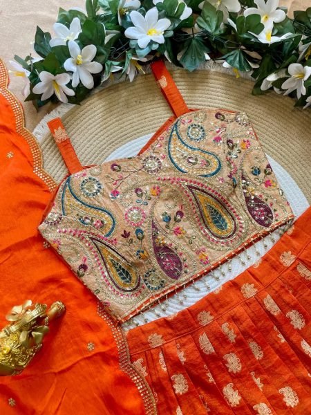  Traditional Orange Silk Lehenga Set with Intricate Zari Work for Mother and Daughter Mom-Doughter Collection