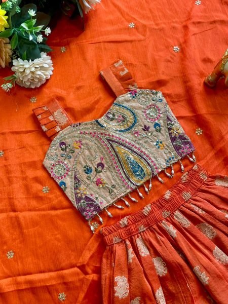  Traditional Orange Silk Lehenga Set with Intricate Zari Work for Mother and Daughter Mom-Doughter Collection