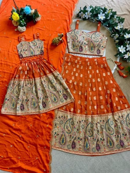  Traditional Orange Silk Lehenga Set with Intricate Zari Work for Mother and Daughter Mom-Doughter Collection