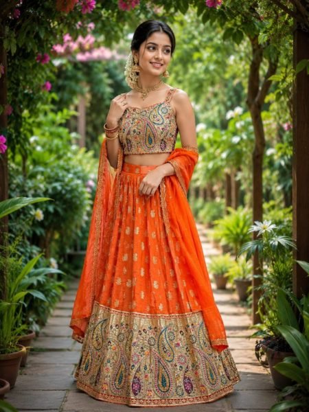  Traditional Orange Silk Lehenga Set with Intricate Zari Work for Mother and Daughter Mom-Doughter Collection