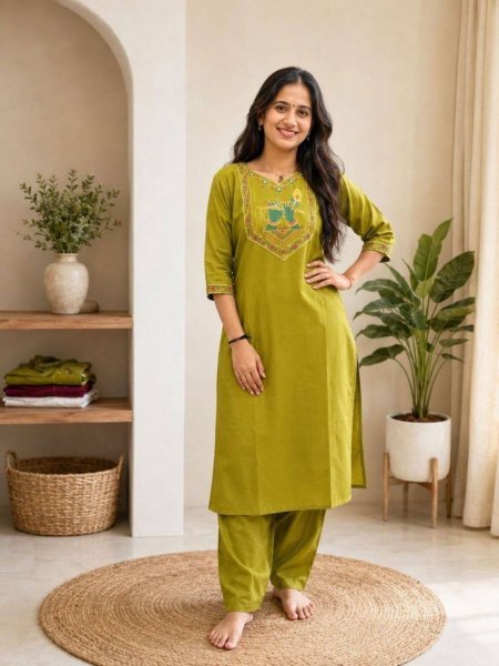 Traditional Parrot Green Cotton Embroidered Kurti Pant Set for Women Lightweight Daily Wear  Kurtis