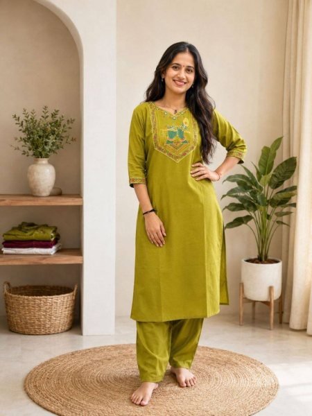 Traditional Parrot Green Cotton Embroidered Kurti Pant Set for Women Lightweight Daily Wear  Embroidery Kurtis 